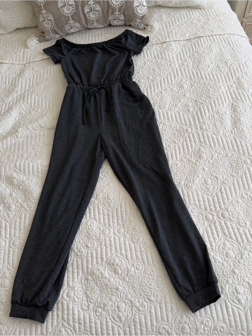 No Comment Charcoal Grey Off The Shoulder Jumpsuit Short Sleeve Jogger Medium